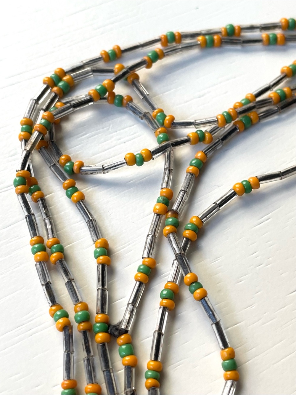 Very long vintage beaded necklaces boho/waist beads silvery green orange boho